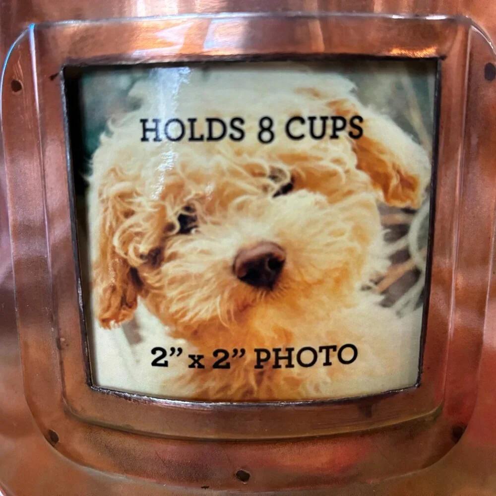 Treat bin with copper finish and photo slot